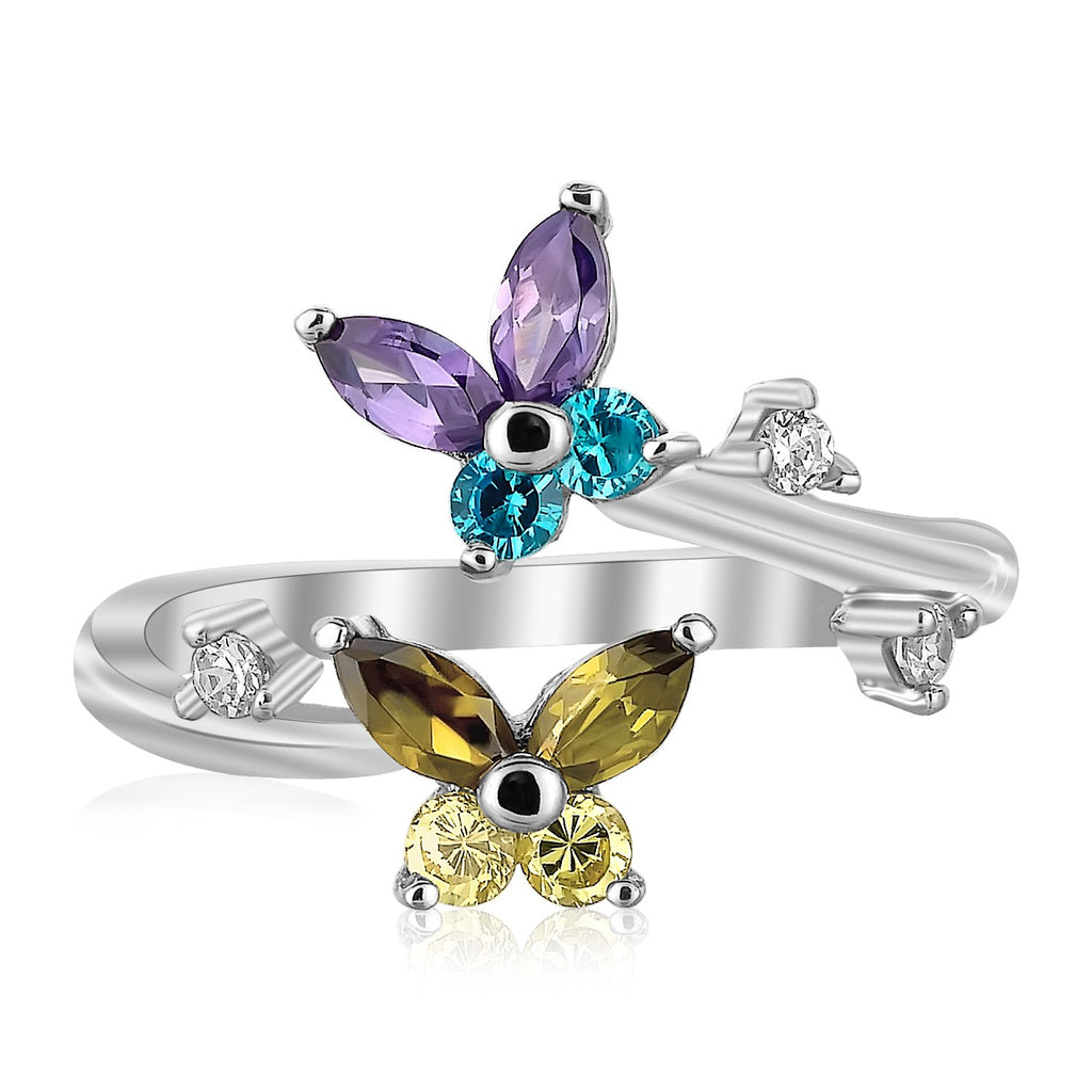 Sterling Silver Rhodium Plated Floral Toe Ring with Multi-Tone Cubic Zirconia - Valentina Rosa