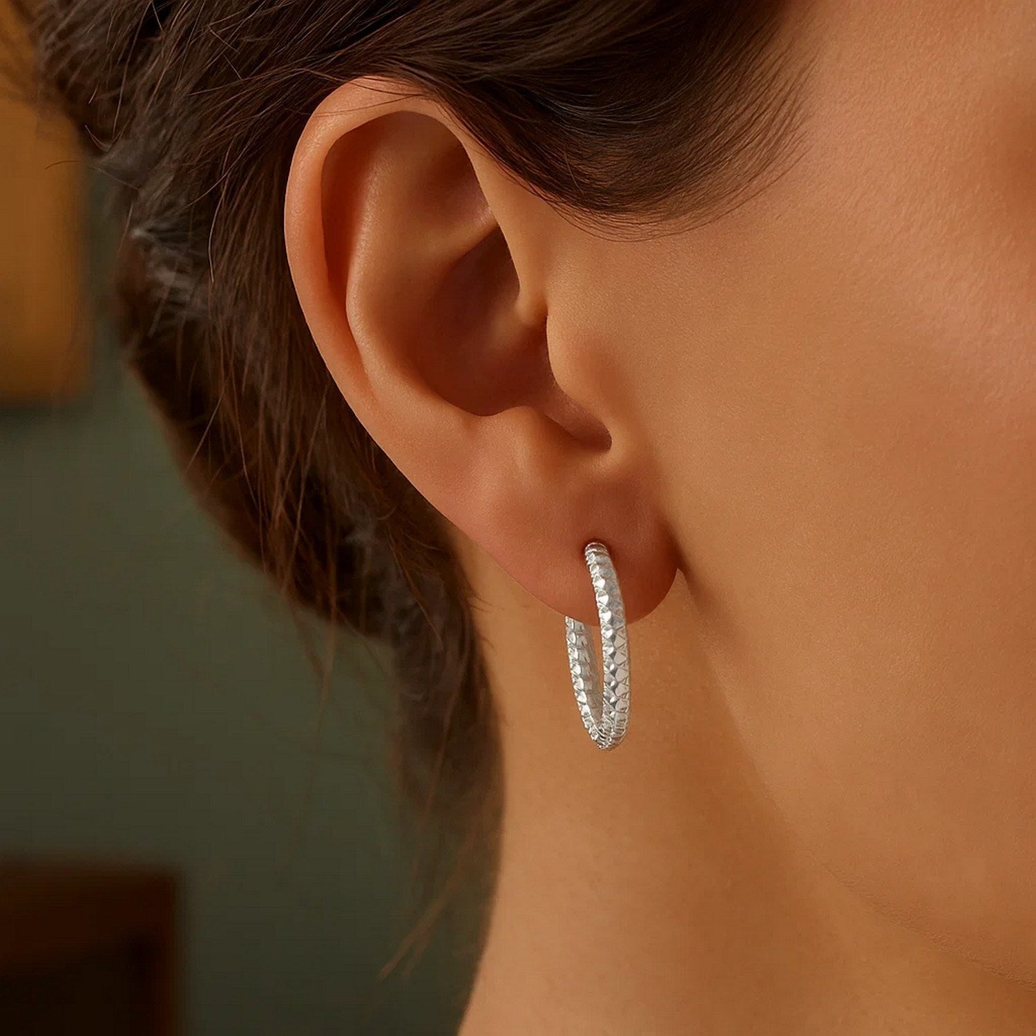 Sterling Silver Large Hoop Earrings with Braid Texture(3x20mm)