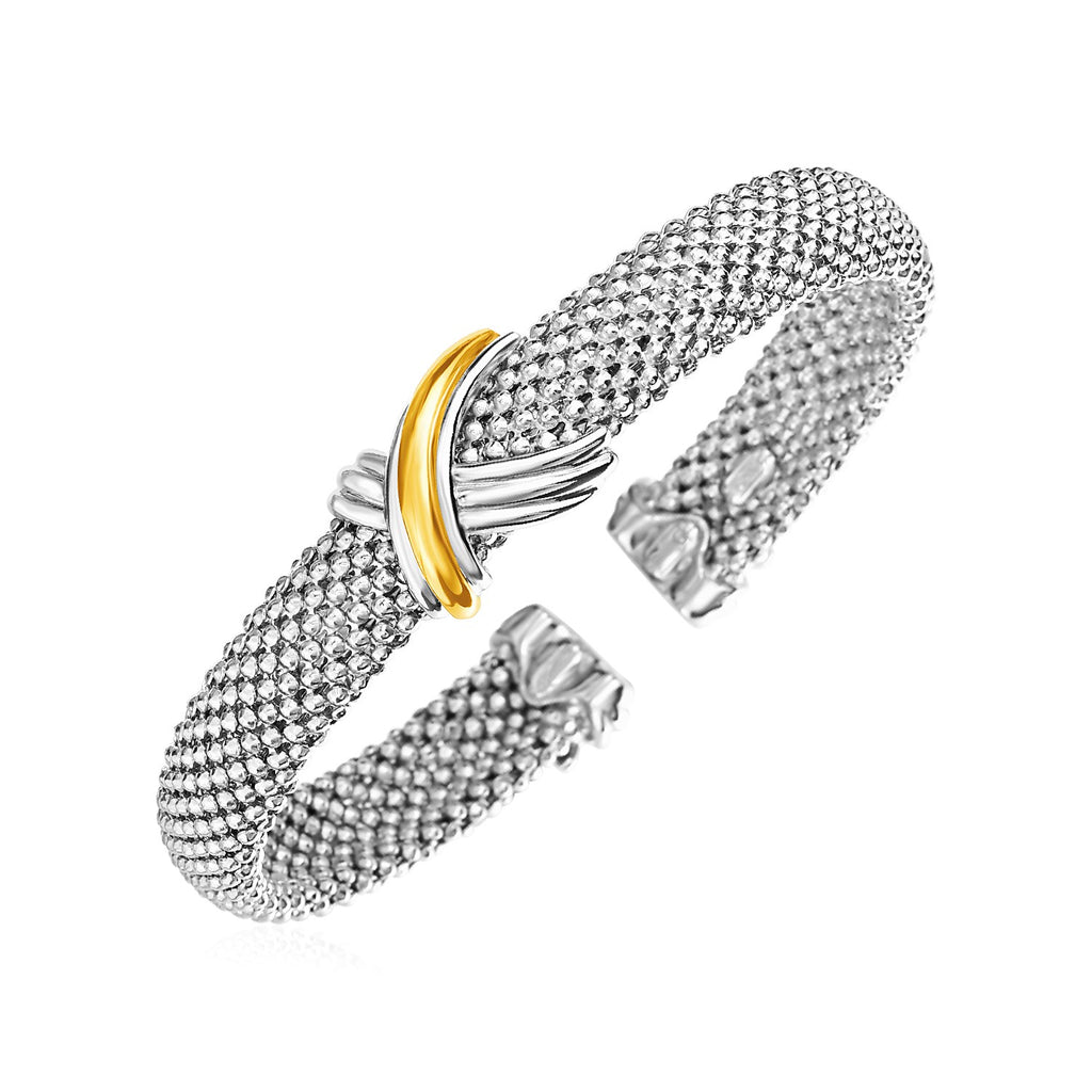 Popcorn Texture Cuff Bangle in Sterling Silver and 18k Yellow Gold (10.00 mm)