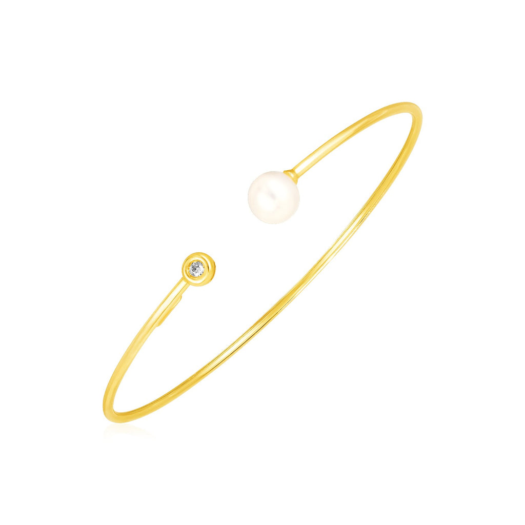 14k Yellow Gold Cuff Bangle with Pearl and Diamond - Valentina Rosa
