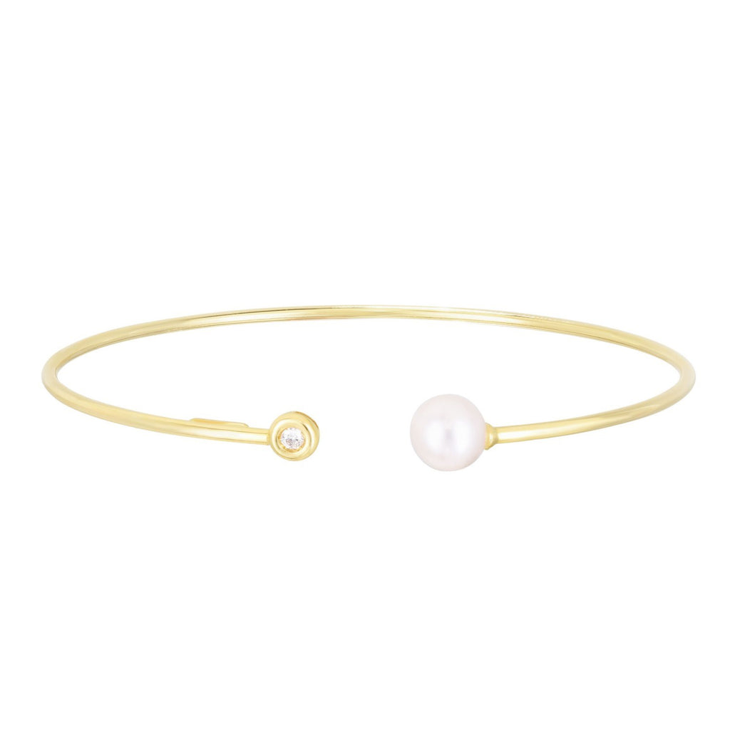 14k Yellow Gold Cuff Bangle with Pearl and Diamond - view 2 - Valentina Rosa