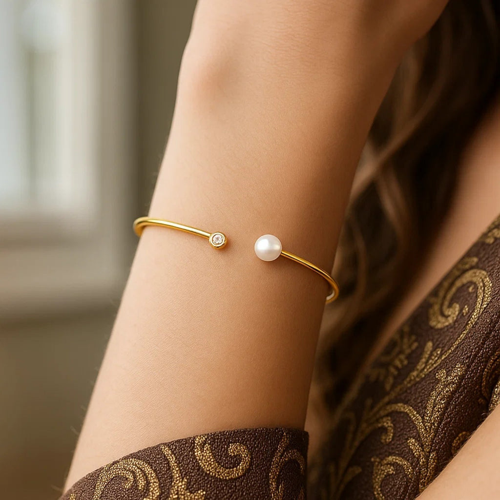 14k Yellow Gold Cuff Bangle with Pearl and Diamond - view 3 - Valentina Rosa