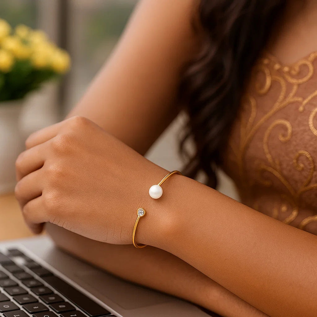 14k Yellow Gold Cuff Bangle with Pearl and Diamond - view 4 - Valentina Rosa